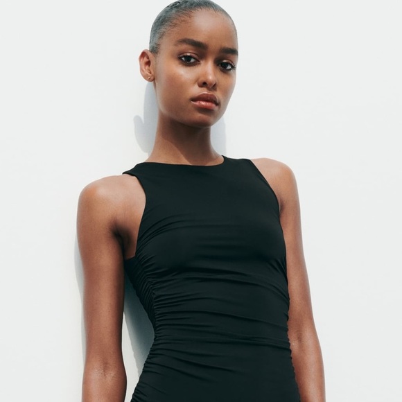 NWT. Zara Black Fitted Draped Sleeveless Midi Dress. Size S. - Picture 3 of 7